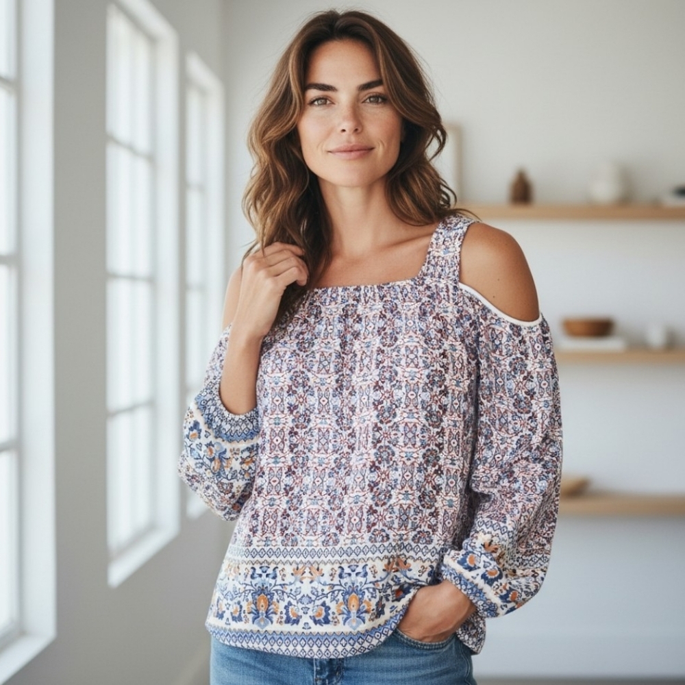Bobeau Cold Shoulder Boho Printed Blouse Womens Medium
